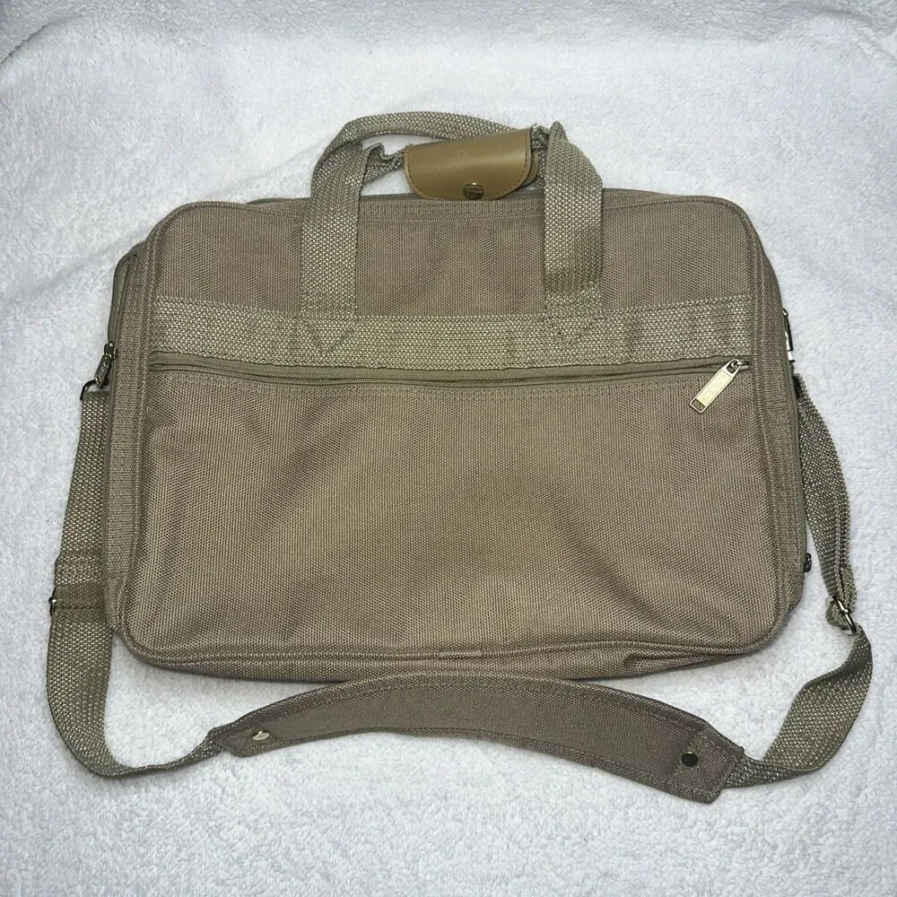 London Fog Messenger Laptop Bag Khaki Canvas W/Shoulder Strap 4 Zipper Pockets